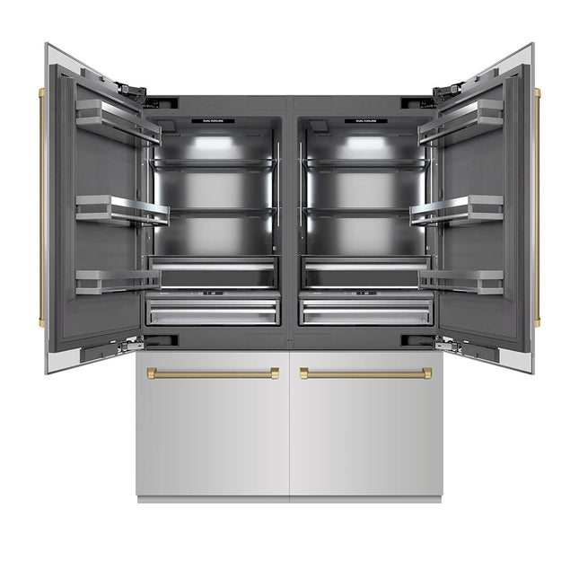 ZLINE Autograph Edition 60 in. 32.2 cu. ft. French Door Built-In Bottom Freezer Refrigerator with Water Dispenser and Ice Maker in Stainless Steel with Graphite Gray Interior and Champagne Bronze Helix Handles (GRBIVZ-30460KCB)