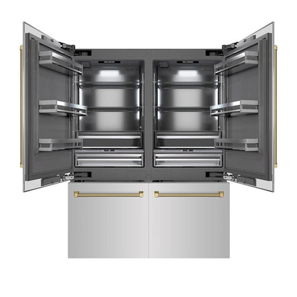 ZLINE Autograph Edition 60 in. 32.2 cu. ft. French Door Built-In Bottom Freezer Refrigerator with Water Dispenser and Ice Maker in Stainless Steel with Graphite Gray Interior and Champagne Bronze Helix Handles (GRBIVZ-30460KCB)
