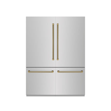 ZLINE Autograph Edition 60 in. 32.2 cu. ft. French Door Built-In Bottom Freezer Refrigerator with Water Dispenser and Ice Maker in Stainless Steel with Graphite Gray Interior and Polished Gold Helix Handles (GRBIVZ-30460KG)