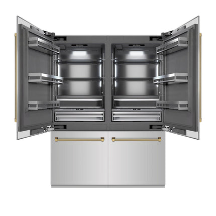 ZLINE Autograph Edition 60 in. 32.2 cu. ft. French Door Built-In Bottom Freezer Refrigerator with Water Dispenser and Ice Maker in Stainless Steel with Graphite Gray Interior and Polished Gold Helix Handles (GRBIVZ-30460KG)