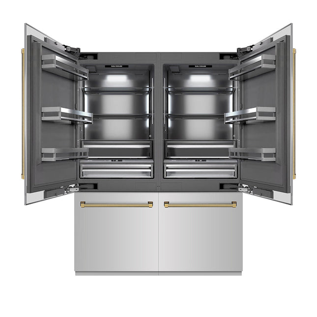 ZLINE Autograph Edition 60 in. 32.2 cu. ft. French Door Built-In Bottom Freezer Refrigerator with Water Dispenser and Ice Maker in Stainless Steel with Graphite Gray Interior and Polished Gold Helix Handles (GRBIVZ-30460KG)