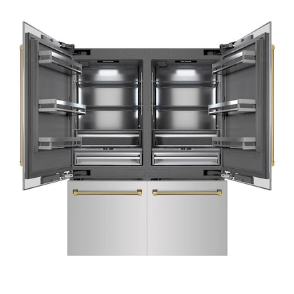 ZLINE Autograph Edition 60 in. 32.2 cu. ft. French Door Built-In Bottom Freezer Refrigerator with Water Dispenser and Ice Maker in Stainless Steel with Graphite Gray Interior and Polished Gold Helix Handles (GRBIVZ-30460KG)