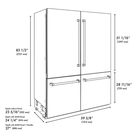 ZLINE Autograph Edition 60 in. 32.2 cu. ft. French Door Built-In Bottom Freezer Refrigerator with Water Dispenser and Ice Maker in Stainless Steel with Graphite Gray Interior and Polished Nickel Helix Handles (GRBIVZ-30460KPN)