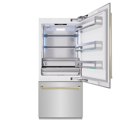 ZLINE Autograph Edition 36 in. 19.8 cu. ft. Built-In Bottom Freezer Refrigerator with Water Dispenser and Ice Maker in Stainless Steel with Champagne Bronze Accents (RBITZ-304-36CB)