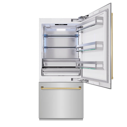 ZLINE Autograph Edition 36 in. 19.8 cu. ft. Built-In Bottom Freezer Refrigerator with Water Dispenser and Ice Maker in Stainless Steel with Polished Gold Accents (RBITZ-304-36G)