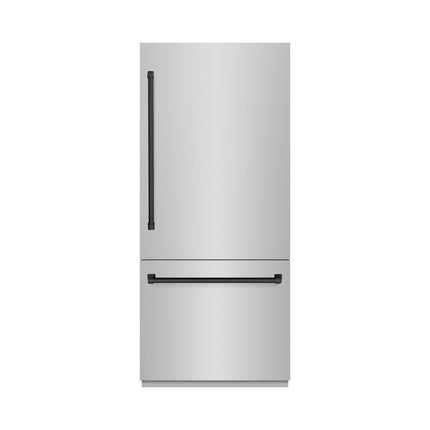 ZLINE Autograph Edition 36 in. 19.8 cu. ft. Built-In Bottom Freezer Refrigerator with Water Dispenser and Ice Maker in Stainless Steel with Matte Black Accents (RBITZ-304-36MB)