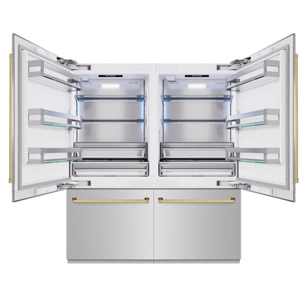 ZLINE Autograph Edition 72 in. 39.6 cu. ft. French Door Built-In Bottom Freezer Refrigerator with Water Dispensers and Ice Makers in Stainless Steel with Polished Gold Accents (RBITZ-304-72G)