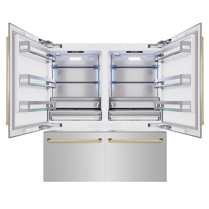 ZLINE Autograph Edition 72 in. 39.6 cu. ft. French Door Built-In Bottom Freezer Refrigerator with Water Dispensers and Ice Makers in Stainless Steel with Polished Gold Accents (RBITZ-304-72G)