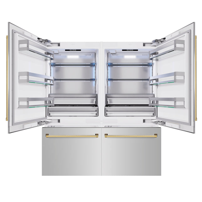 ZLINE Autograph Edition 72 in. 39.6 cu. ft. French Door Built-In Bottom Freezer Refrigerator with Water Dispensers and Ice Makers in Stainless Steel with Polished Gold Accents (RBITZ-304-72G)