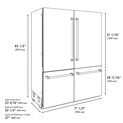 ZLINE Autograph Edition 72 in. 39.6 cu. ft. French Door Built-In Bottom Freezer Refrigerator with Water Dispensers and Ice Makers in Stainless Steel with Matte Black Accents (RBITZ-304-72MB)
