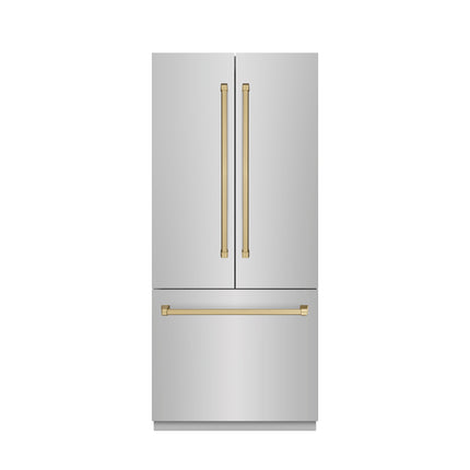 ZLINE Autograph Edition 36 in. 19.6 cu. ft. French Door Built-In Bottom Freezer Refrigerator with Water Dispenser and Ice Maker in Stainless Steel with Stainless Steel Interior and Champagne Bronze Accents (SRBIVZ-304-36CB)