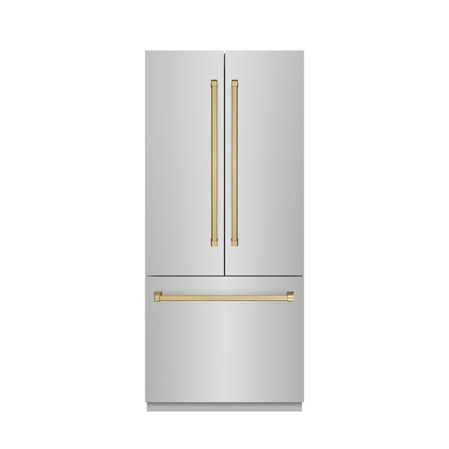 ZLINE Autograph Edition 36 in. 19.6 cu. ft. French Door Built-In Bottom Freezer Refrigerator with Water Dispenser and Ice Maker in Stainless Steel with Stainless Steel Interior and Champagne Bronze Accents (SRBIVZ-304-36CB)