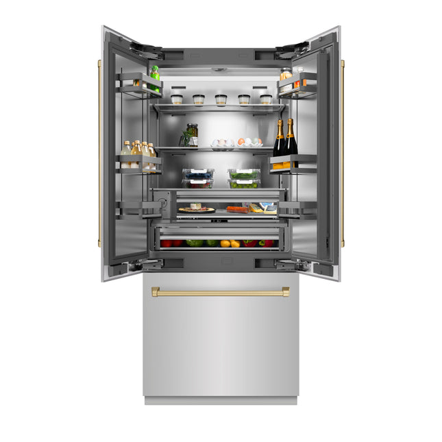 ZLINE Autograph Edition 36 in. 19.6 cu. ft. French Door Built-In Bottom Freezer Refrigerator with Water Dispenser and Ice Maker in Stainless Steel with Stainless Steel Interior and Champagne Bronze Accents (SRBIVZ-304-36CB)