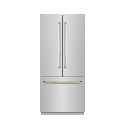 ZLINE Autograph Edition 36 in. 19.6 cu. ft. French Door Built-In Bottom Freezer Refrigerator with Water Dispenser and Ice Maker in Stainless Steel with Stainless Steel Interior and Polished Gold Accents (SRBIVZ-304-36G)