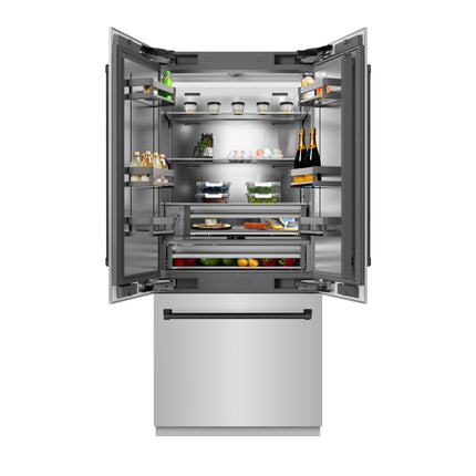 ZLINE Autograph Edition 36 in. 19.6 cu. ft. French Door Built-In Bottom Freezer Refrigerator with Water Dispenser and Ice Maker in Stainless Steel with Stainless Steel Interior and Matte Black Accents (SRBIVZ-304-36MB)