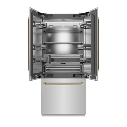 ZLINE Autograph Edition 36 in. 19.6 cu. ft. French Door Built-In Bottom Freezer Refrigerator with Water Dispenser and Ice Maker in Stainless Steel with Stainless Steel Interior and Champagne Bronze Helix Handles (SRBIVZ-30436KCB)
