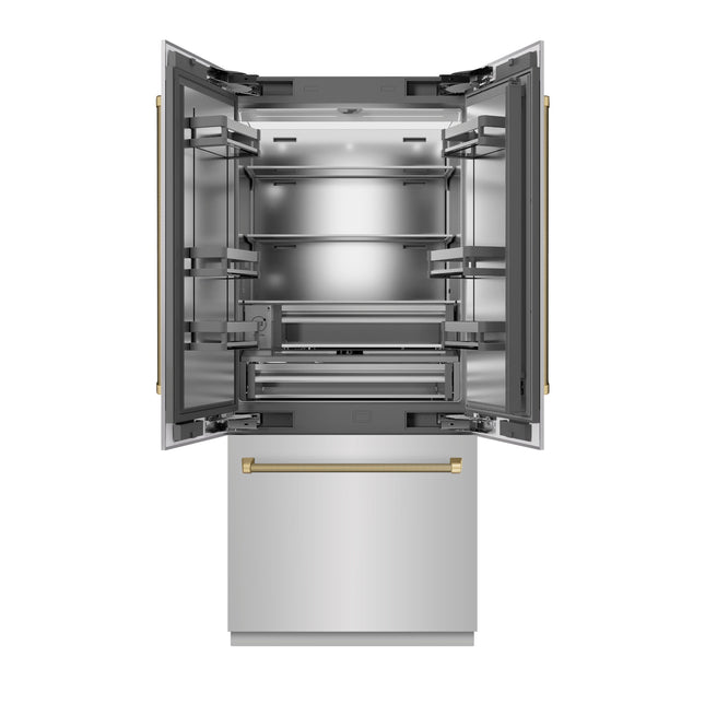ZLINE Autograph Edition 36 in. 19.6 cu. ft. French Door Built-In Bottom Freezer Refrigerator with Water Dispenser and Ice Maker in Stainless Steel with Stainless Steel Interior and Champagne Bronze Helix Handles (SRBIVZ-30436KCB)