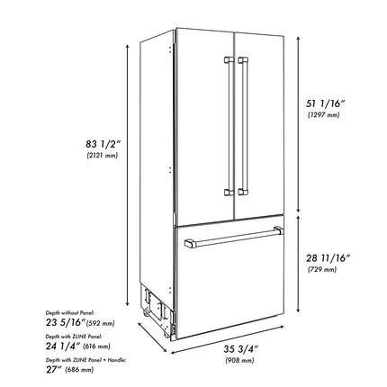 ZLINE Autograph Edition 36 in. 19.6 cu. ft. French Door Built-In Bottom Freezer Refrigerator with Water Dispenser and Ice Maker in Stainless Steel with Stainless Steel Interior and Polished Gold Helix Handles (SRBIVZ-30436KG)
