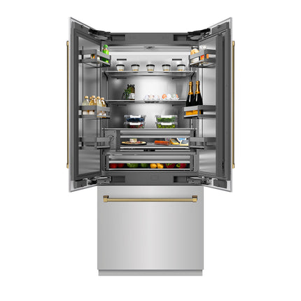 ZLINE Autograph Edition 36 in. 19.6 cu. ft. French Door Built-In Bottom Freezer Refrigerator with Water Dispenser and Ice Maker in Stainless Steel with Stainless Steel Interior and Polished Gold Helix Handles (SRBIVZ-30436KG)
