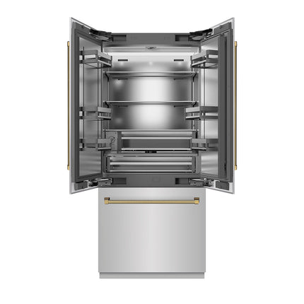 ZLINE Autograph Edition 36 in. 19.6 cu. ft. French Door Built-In Bottom Freezer Refrigerator with Water Dispenser and Ice Maker in Stainless Steel with Stainless Steel Interior and Polished Gold Helix Handles (SRBIVZ-30436KG)