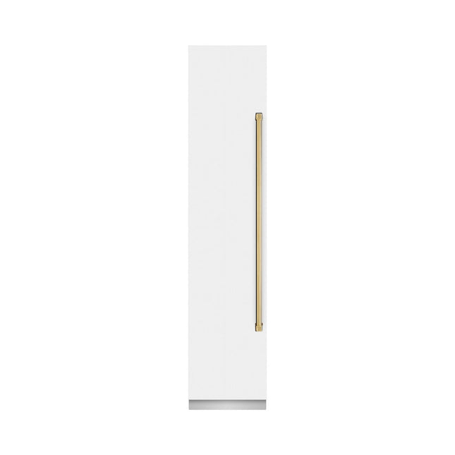 ZLINE Autograph Edition 18 in. 8.6 cu. ft. Left Hinge Column Freezer in White Matte with Graphite Gray Interior and Polished Gold Accents (RCFVLZ-WM-18-G)