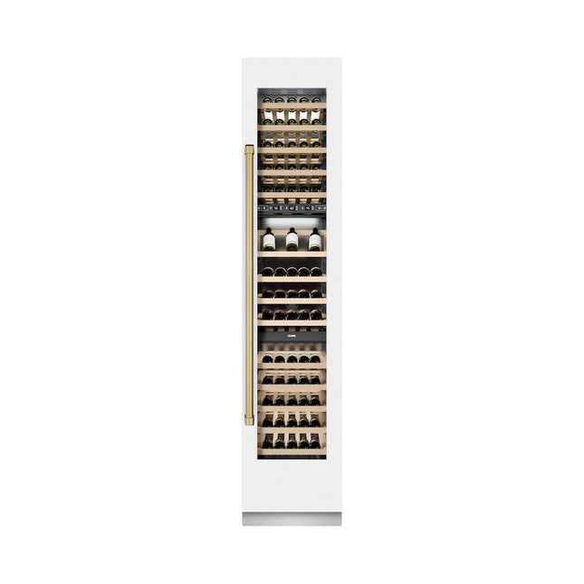 ZLINE Autograph Edition 18 in. 9.0 cu. ft. Triple Zone 68 Bottle Right Hinge Column Wine Cooler in White Matte with Champagne Bronze Accents (RCWVRZ-WM-18-CB)