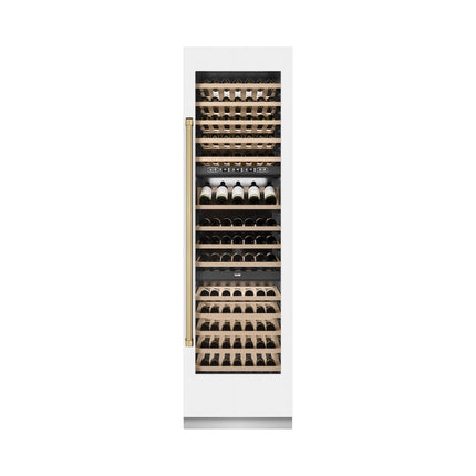 ZLINE Autograph Edition 24 in. 12.4 cu. ft. Triple Zone 100 Bottle Column Wine Cooler in White Matte and Champagne Bronze Accents (RCWVZ-WM-24-CB)