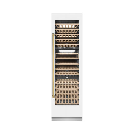 ZLINE Autograph Edition 24 in. 12.4 cu. ft. Triple Zone 100 Bottle Column Wine Cooler in White Matte and Polished Gold Accents (RCWVZ-WM-24-G)