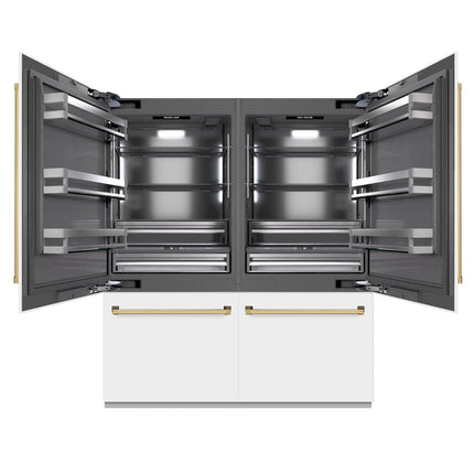 ZLINE Autograph Edition 72 in. 39.6 cu. ft. French Door Built-In Bottom Freezer Refrigerator with Water Dispensers and Ice Makers in White Matte with Graphite Gray Interior and Polished Gold Accents (GRBITZ-WM-72-G)