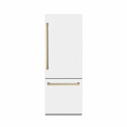 ZLINE Autograph Edition 30 in. 16.1 cu. ft. Built-In Bottom Freezer Refrigerator with Water Dispenser and Ice Maker in White Matte with Graphite Gray Interior and Champagne Bronze Accents (GRBIVZ-WM-30-CB)
