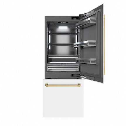 ZLINE Autograph Edition 30 in. 16.1 cu. ft. Built-In Bottom Freezer Refrigerator with Water Dispenser and Ice Maker in White Matte with Graphite Gray Interior and Champagne Bronze Accents (GRBIVZ-WM-30-CB)