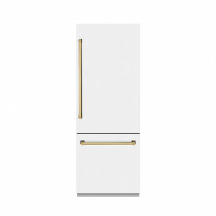 ZLINE Autograph Edition 30 in. 16.1 cu. ft. Built-In Bottom Freezer Refrigerator with Water Dispenser and Ice Maker in White Matte with Graphite Gray Interior and Polished Gold Accents (GRBIVZ-WM-30-G)