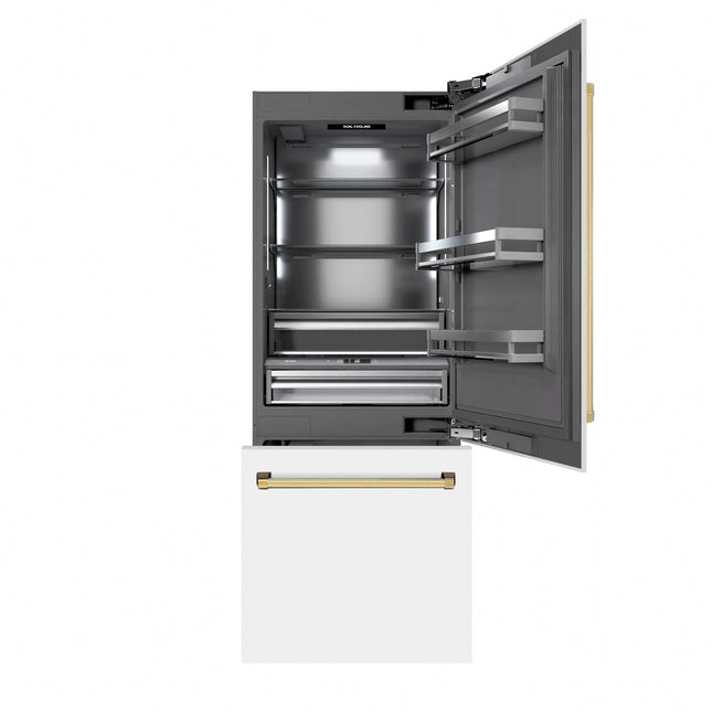 ZLINE Autograph Edition 30 in. 16.1 cu. ft. Built-In Bottom Freezer Refrigerator with Water Dispenser and Ice Maker in White Matte with Graphite Gray Interior and Polished Gold Accents (GRBIVZ-WM-30-G)