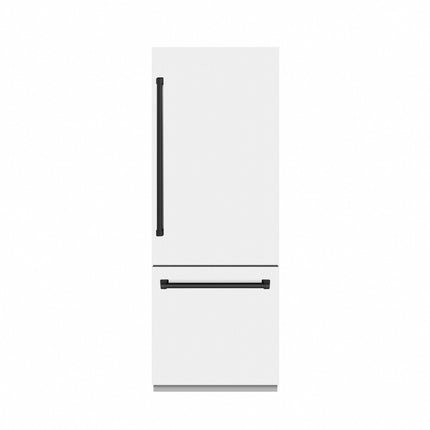ZLINE Autograph Edition 30 in. 16.1 cu. ft. Built-In Bottom Freezer Refrigerator with Water Dispenser and Ice Maker in White Matte with Graphite Gray Interior and Matte Black Accents (GRBIVZ-WM-30-MB)