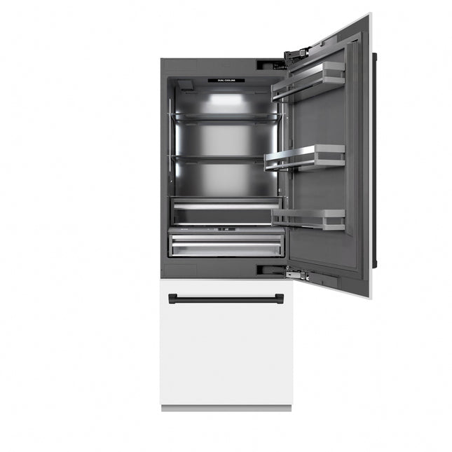ZLINE Autograph Edition 30 in. 16.1 cu. ft. Built-In Bottom Freezer Refrigerator with Water Dispenser and Ice Maker in White Matte with Graphite Gray Interior and Matte Black Accents (GRBIVZ-WM-30-MB)