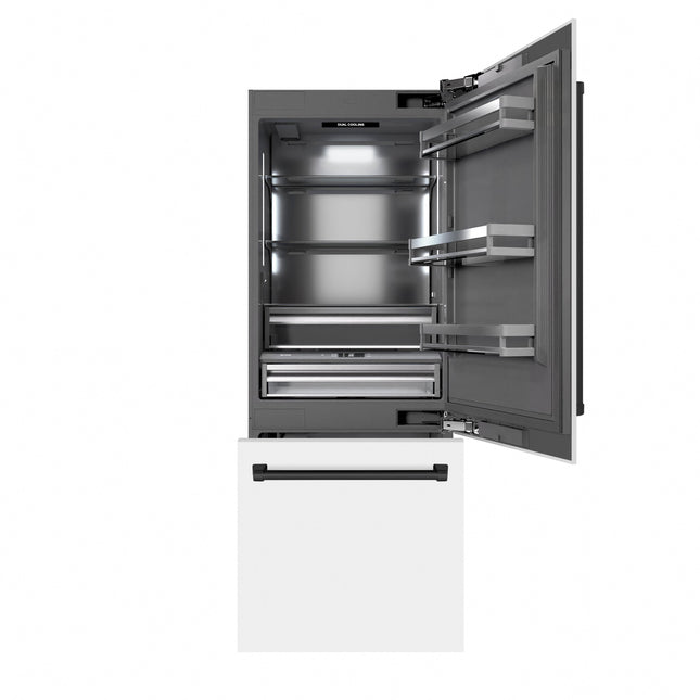 ZLINE Autograph Edition 30 in. 16.1 cu. ft. Built-In Bottom Freezer Refrigerator with Water Dispenser and Ice Maker in White Matte with Graphite Gray Interior and Matte Black Accents (GRBIVZ-WM-30-MB)