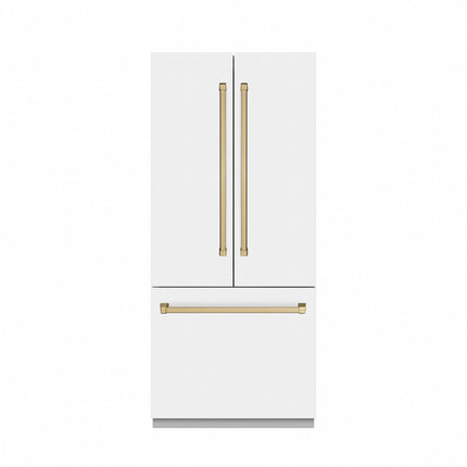 ZLINE Autograph Edition 36 in. 19.6 cu. ft. French Door Built-In Bottom Freezer Refrigerator with Water Dispenser and Ice Maker in White Matte with Graphite Gray Interior and Champagne Bronze Accents (GRBIVZ-WM-36-CB)