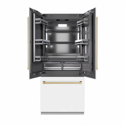 ZLINE Autograph Edition 36 in. 19.6 cu. ft. French Door Built-In Bottom Freezer Refrigerator with Water Dispenser and Ice Maker in White Matte with Graphite Gray Interior and Champagne Bronze Accents (GRBIVZ-WM-36-CB)