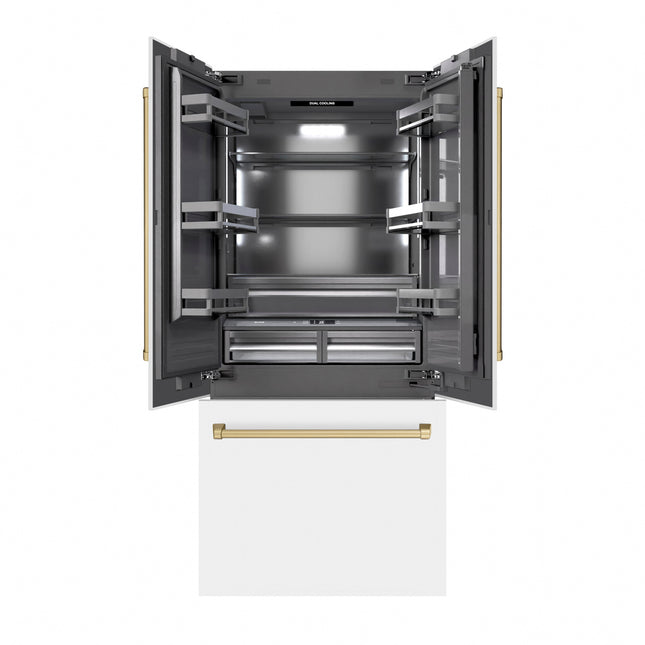ZLINE Autograph Edition 36 in. 19.6 cu. ft. French Door Built-In Bottom Freezer Refrigerator with Water Dispenser and Ice Maker in White Matte with Graphite Gray Interior and Champagne Bronze Accents (GRBIVZ-WM-36-CB)