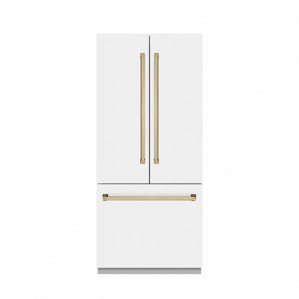 ZLINE Autograph Edition 36 in. 19.6 cu. ft. French Door Built-In Bottom Freezer Refrigerator with Water Dispenser and Ice Maker in White Matte with Graphite Gray Interior and Polished Gold Accents (GRBIVZ-WM-36-G)