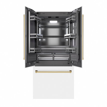 ZLINE Autograph Edition 36 in. 19.6 cu. ft. French Door Built-In Bottom Freezer Refrigerator with Water Dispenser and Ice Maker in White Matte with Graphite Gray Interior and Polished Gold Accents (GRBIVZ-WM-36-G)