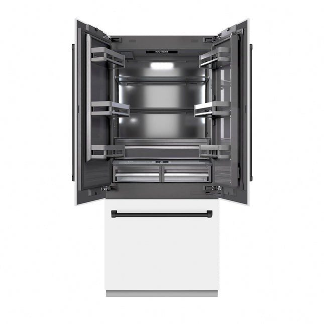 ZLINE Autograph Edition 36 in. 19.6 cu. ft. French Door Built-In Bottom Freezer Refrigerator with Water Dispenser and Ice Maker in White Matte with Graphite Gray Interior and Matte Black Accents (GRBIVZ-WM-36-MB)