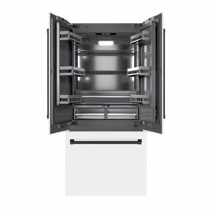 ZLINE Autograph Edition 36 in. 19.6 cu. ft. French Door Built-In Bottom Freezer Refrigerator with Water Dispenser and Ice Maker in White Matte with Graphite Gray Interior and Matte Black Accents (GRBIVZ-WM-36-MB)