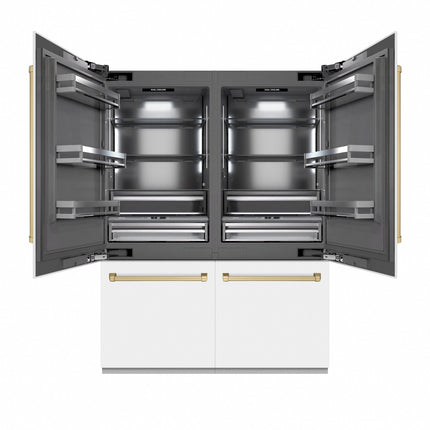 ZLINE Autograph Edition 60 in. 32.2 cu. ft. French Door Built-In Bottom Freezer Refrigerator with Water Dispenser and Ice Maker in White Matte with Graphite Gray Interior and Champagne Bronze Accents (GRBIVZ-WM-60-CB)