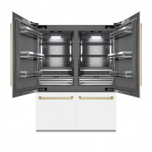 ZLINE Autograph Edition 60 in. 32.2 cu. ft. French Door Built-In Bottom Freezer Refrigerator with Water Dispenser and Ice Maker in White Matte with Graphite Gray Interior and Champagne Bronze Accents (GRBIVZ-WM-60-CB)