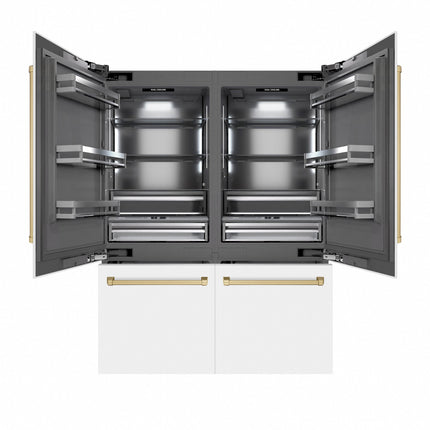 ZLINE Autograph Edition 60 in. 32.2 cu. ft. French Door Built-In Bottom Freezer Refrigerator with Water Dispenser and Ice Maker in White Matte with Graphite Gray Interior and Champagne Bronze Accents (GRBIVZ-WM-60-CB)