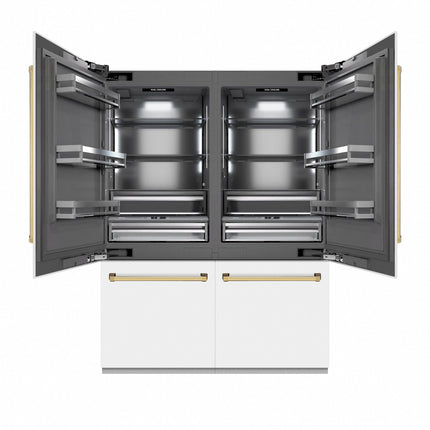 ZLINE Autograph Edition 60 in. 32.2 cu. ft. French Door Built-In Bottom Freezer Refrigerator with Water Dispenser and Ice Maker in White Matte with Graphite Gray Interior and Polished Gold Accents (GRBIVZ-WM-60-G)
