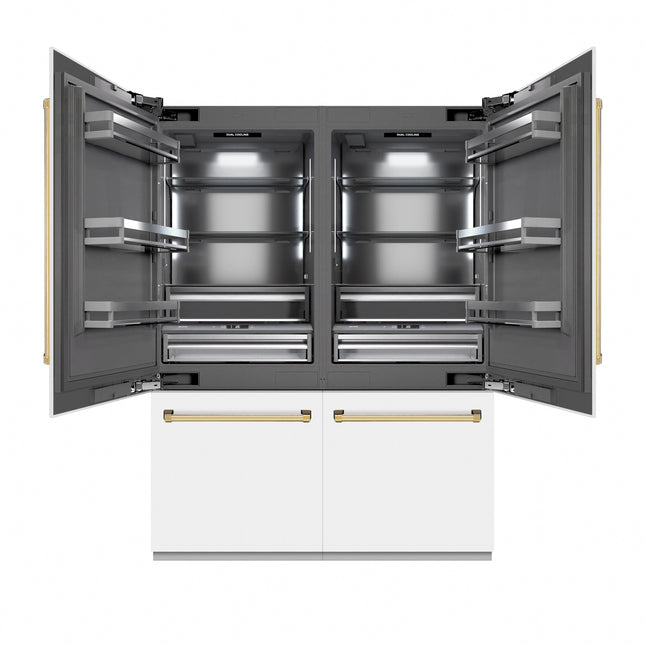 ZLINE Autograph Edition 60 in. 32.2 cu. ft. French Door Built-In Bottom Freezer Refrigerator with Water Dispenser and Ice Maker in White Matte with Graphite Gray Interior and Polished Gold Accents (GRBIVZ-WM-60-G)