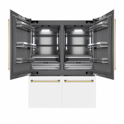 ZLINE Autograph Edition 60 in. 32.2 cu. ft. French Door Built-In Bottom Freezer Refrigerator with Water Dispenser and Ice Maker in White Matte with Graphite Gray Interior and Polished Gold Accents (GRBIVZ-WM-60-G)