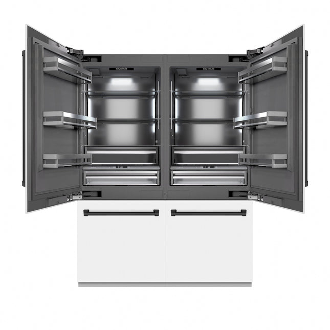 ZLINE Autograph Edition 60 in. 32.2 cu. ft. French Door Built-In Bottom Freezer Refrigerator with Water Dispenser and Ice Maker in White Matte with Graphite Gray Interior and Matte Black Accents (GRBIVZ-WM-60-MB)